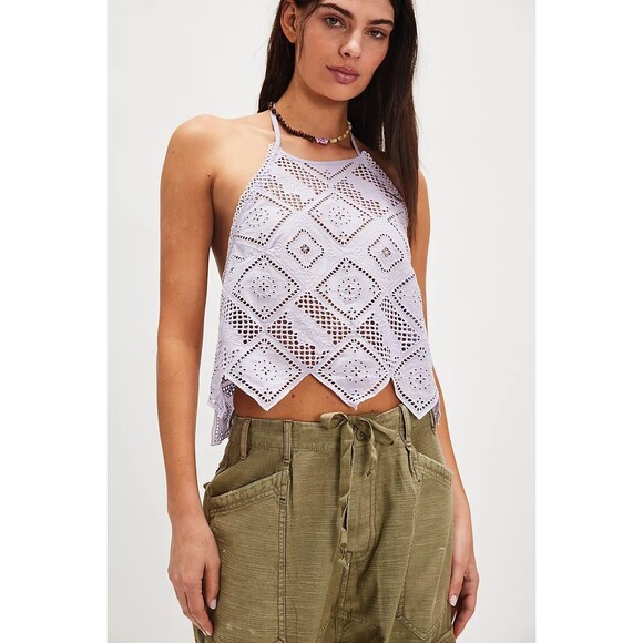 Free People Hankie Halter Tank Top Floral Eyelet Embroidered Cotton S NWD 279122 - Picture 1 of 9